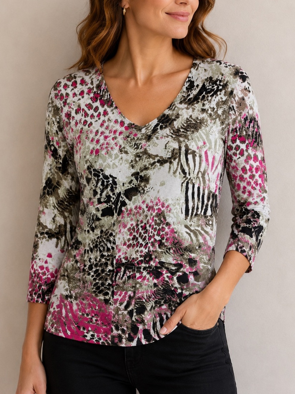 Chagall Vintage Abstract Animal Print Blouse Women’s Small V-Neck 3/4 Sleeve Top
